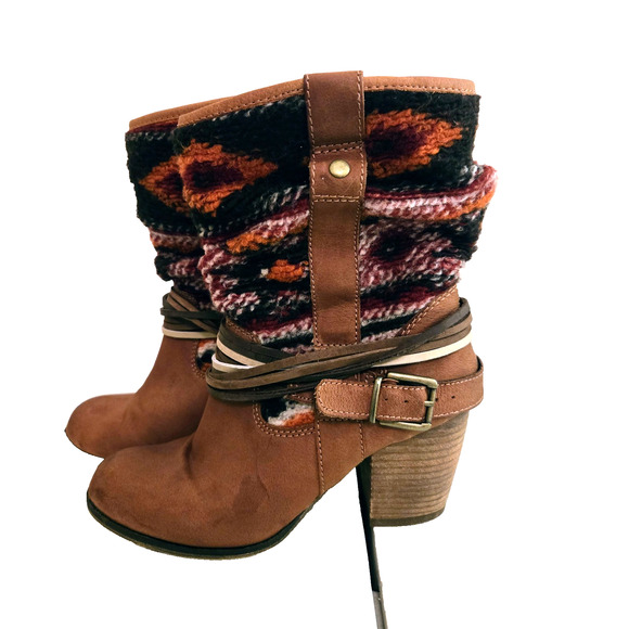 Steve Madden Tolteca Boots Womens Size 6 Cognac Leather Southwest Mid Calf Boho - Picture 2 of 11